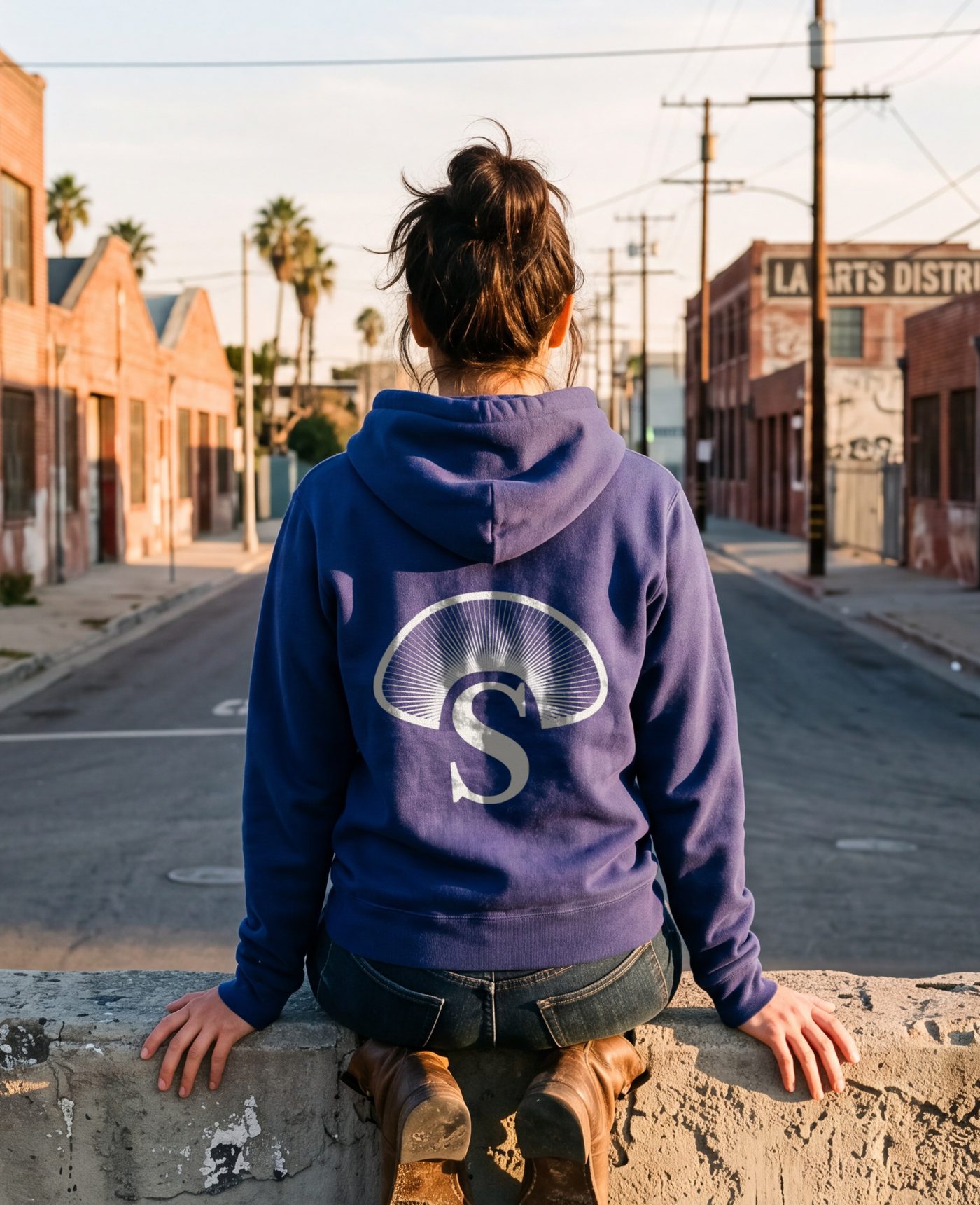 The indigo hoodie worn on a low wall in the Arts District.