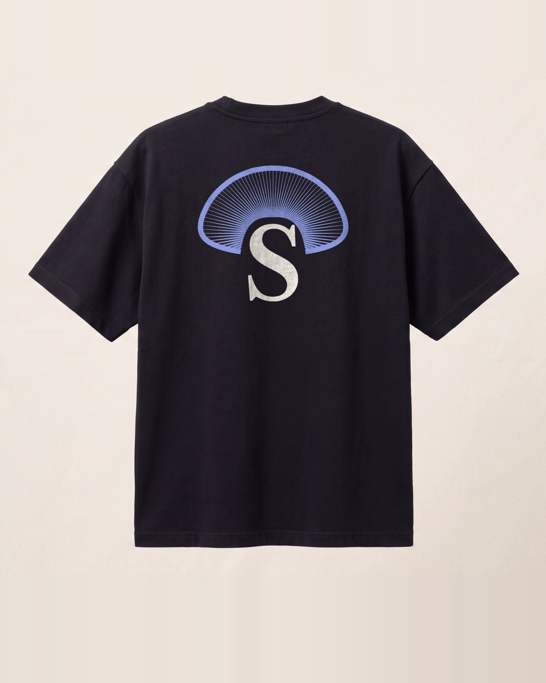 The near-black tee from the back: the Cap of Gills, eleven inches across.